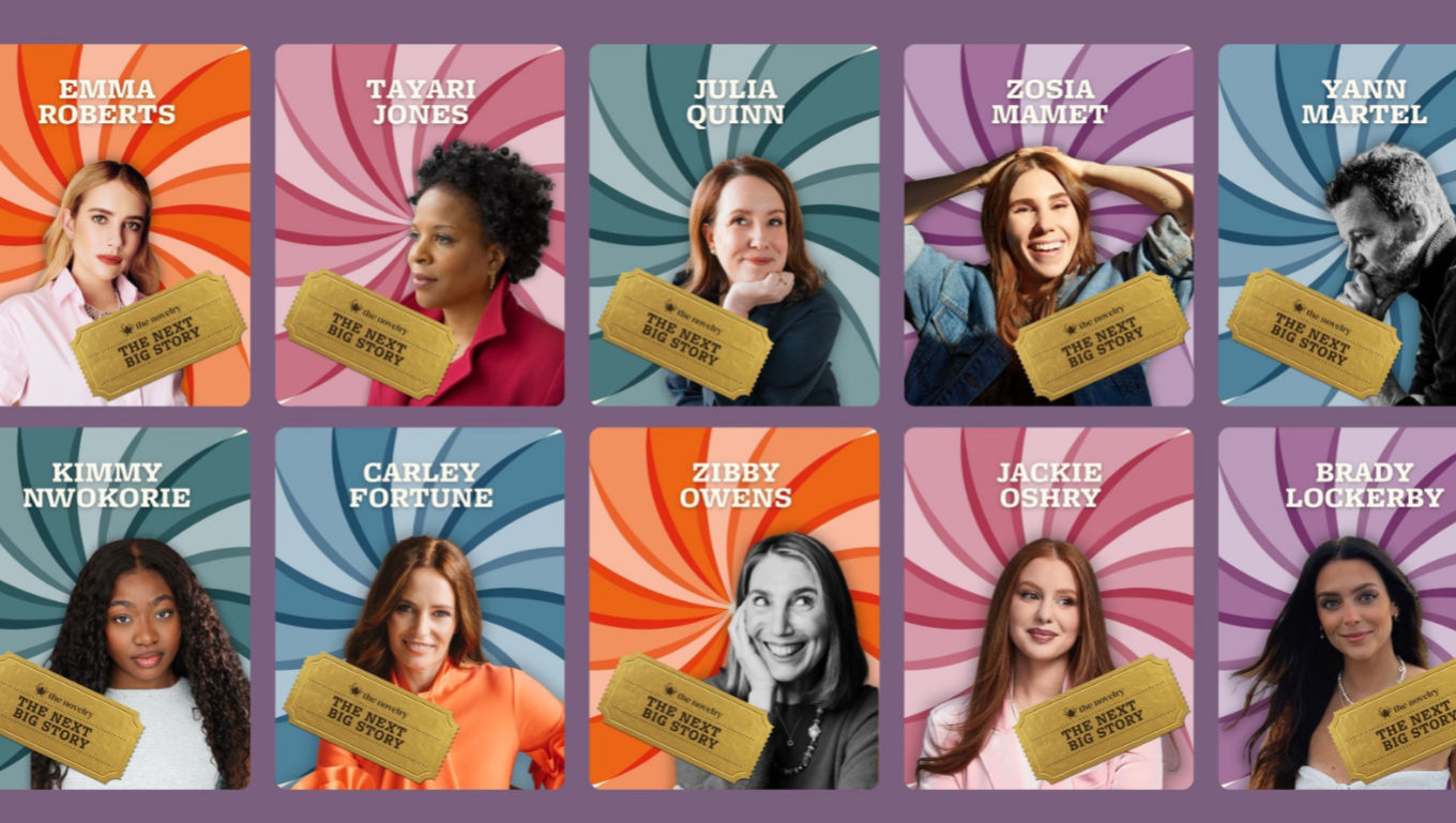 Novelry “The Next Big Story” grid of ten author and celebrity portraits with gold ticket branding