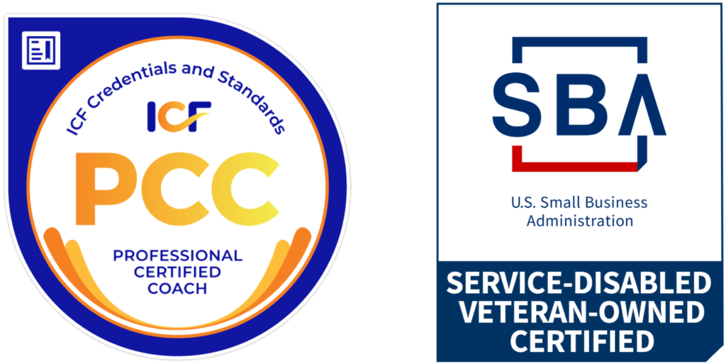 ICF PCC Professional Certified Coach badge and SBA U.S. Small Business Administration Service-Disabled Veteran-Owned Certified badge