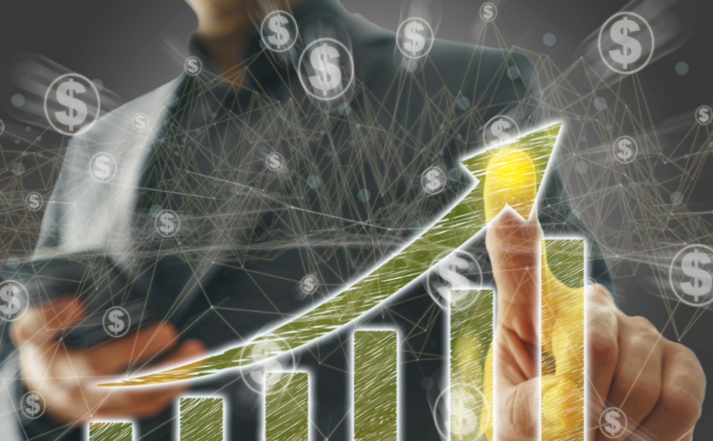 A hand pointing at a rising bar chart with dollar signs and a financial network overlay