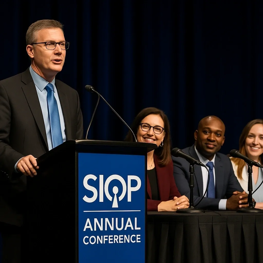 Panel of four professionals at a SIOP Annual Conference session, one speaking at the lectern