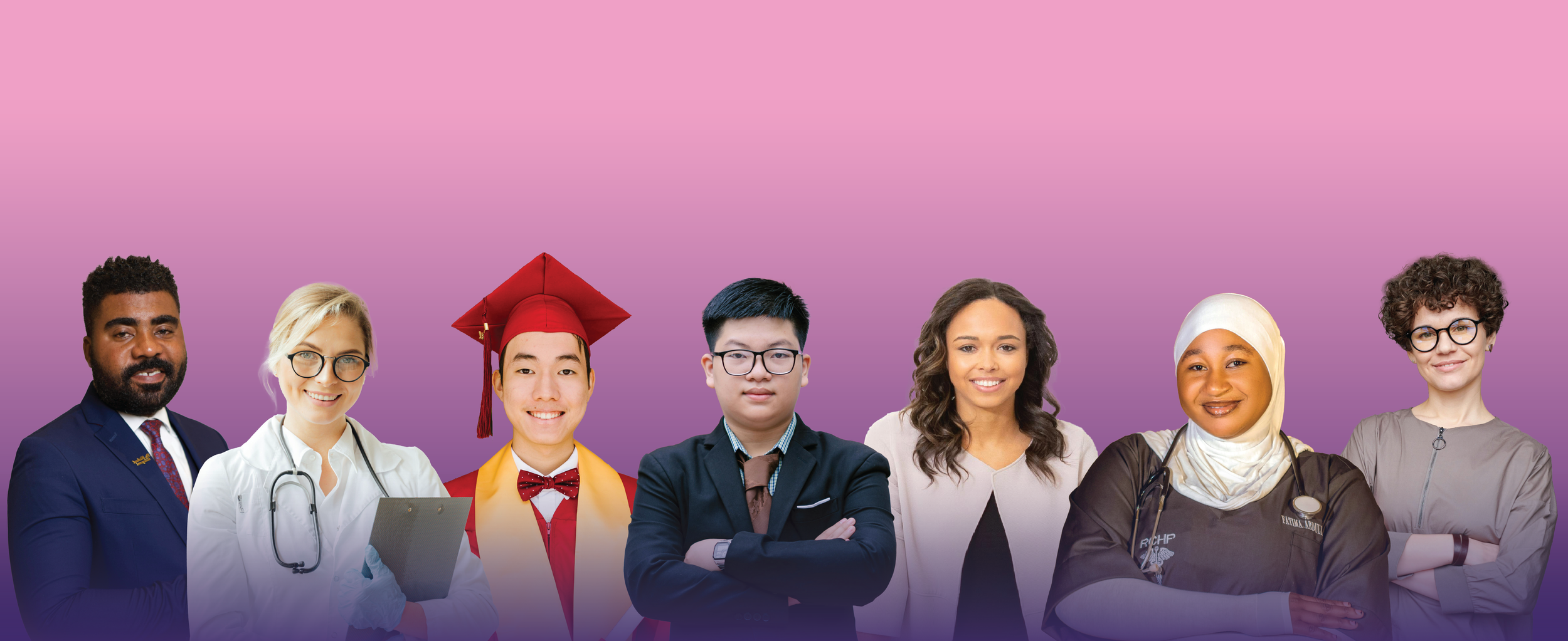 Seven diverse healthcare professionals and students standing together