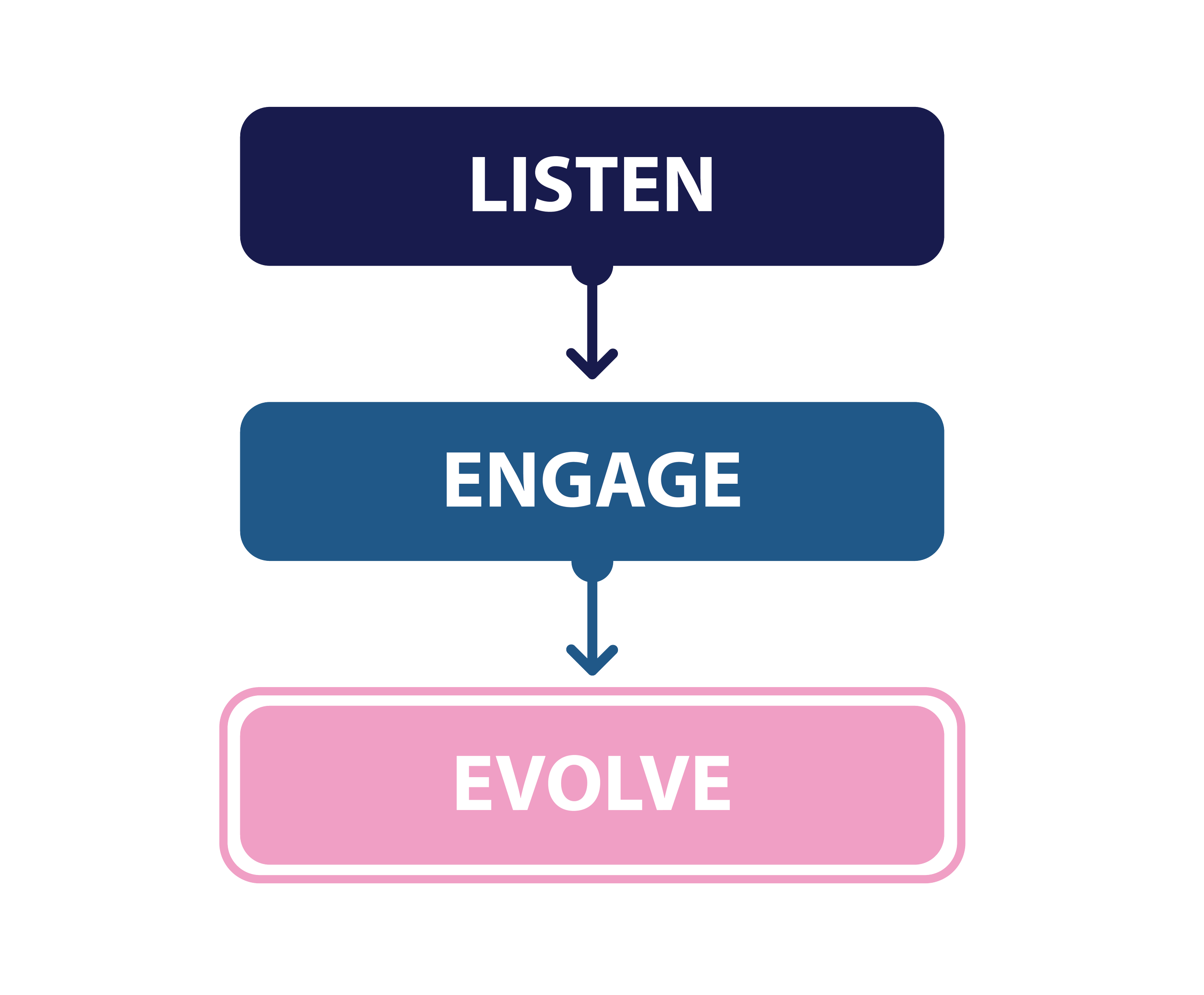 Leslin's Listen, Engage, Evolve approach flowchart
