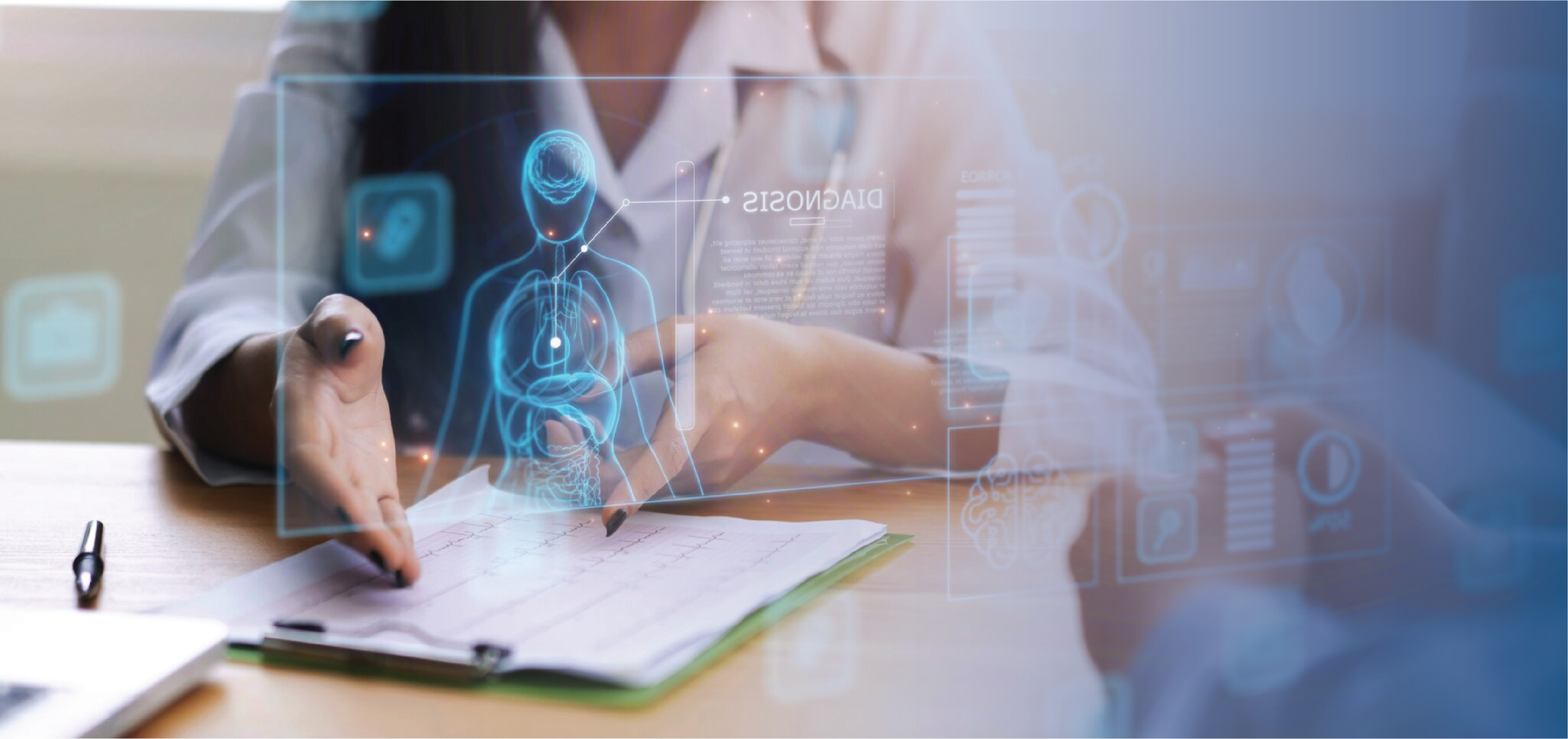 Doctor's hands pointing at a holographic medical diagnosis display