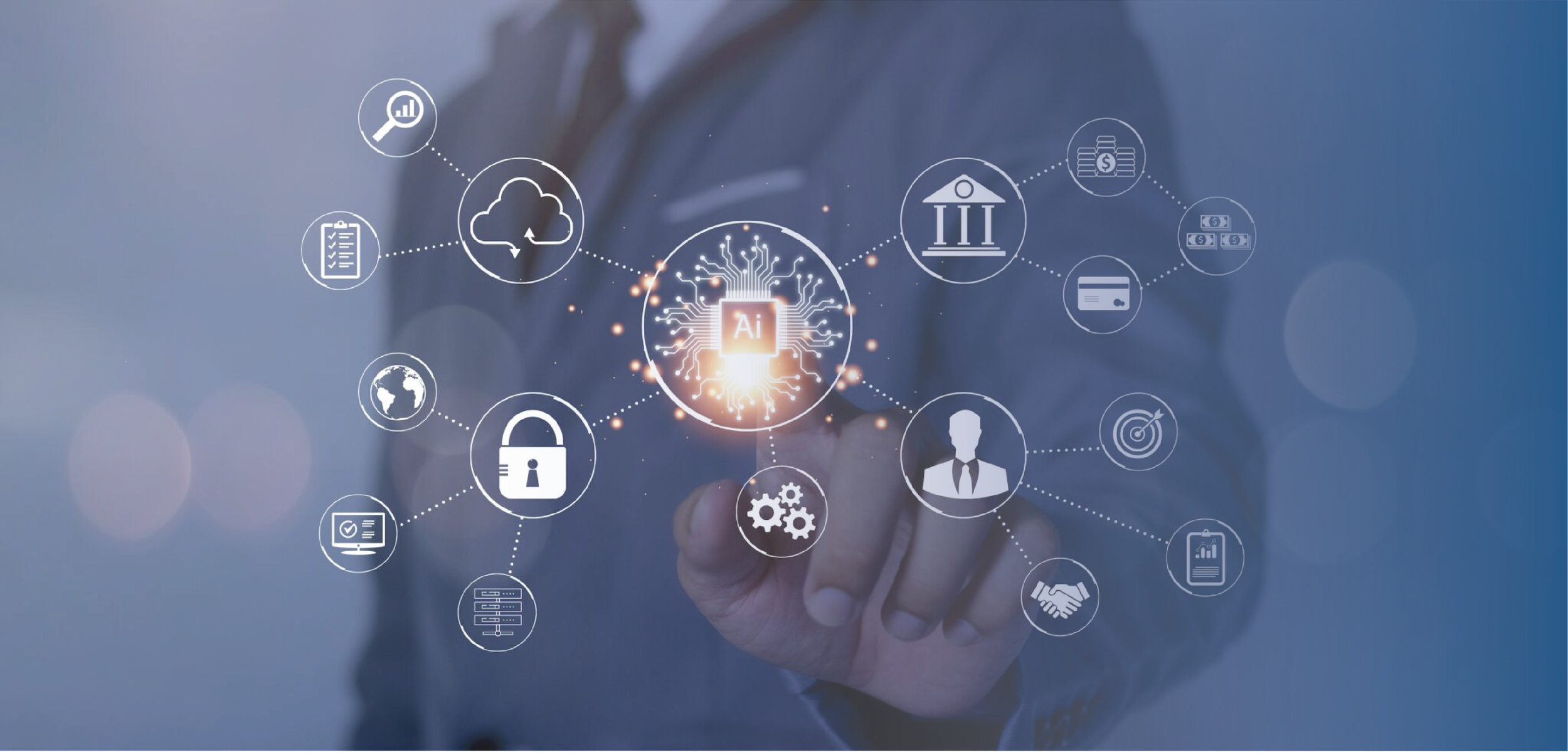 Person pointing at a glowing AI chip linked to healthcare icons
