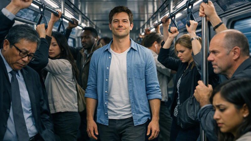 A man letting go of the rail on a crowded metro train