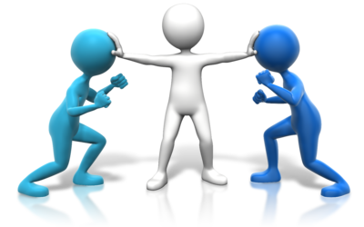 Illustration of two figures in conflict with a mediator