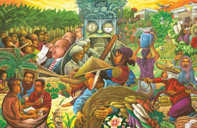 Illustrated mural of food sovereignty with farmers and global agriculture scenes