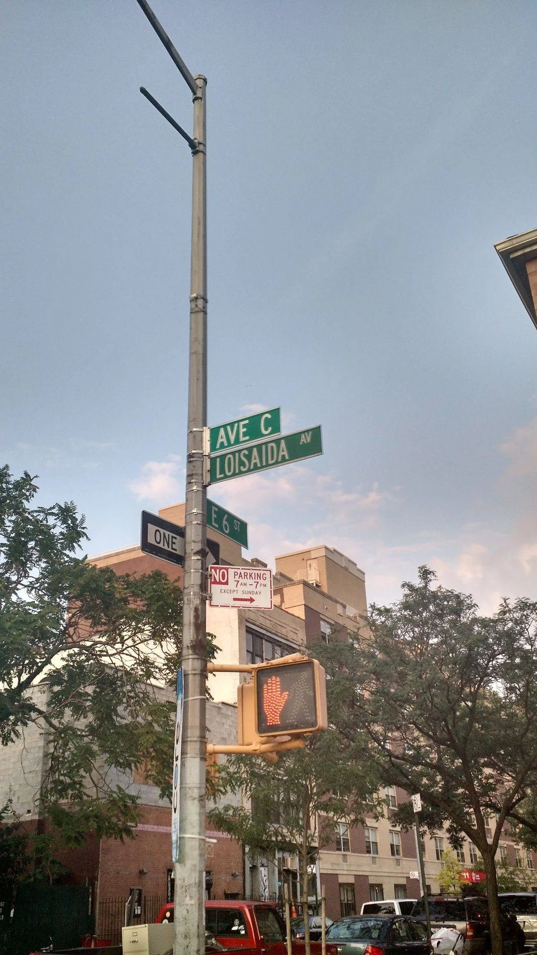 Street corner sign pole reading Ave C, Loisaida Ave and E 6 St in the East Village