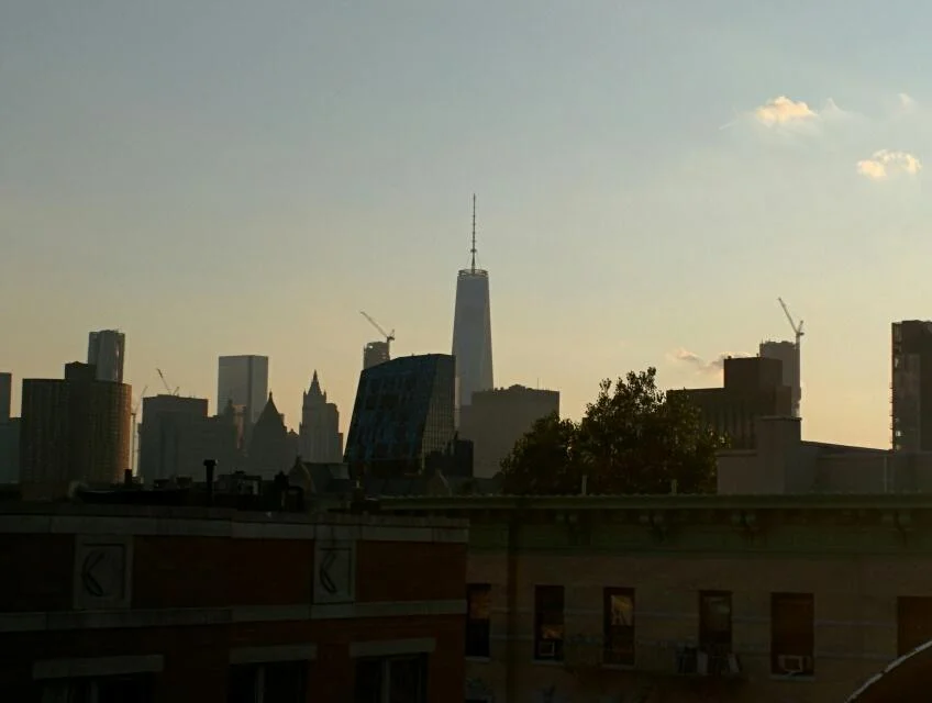 Dusk silhouette of the Lower Manhattan skyline with One World Trade Center