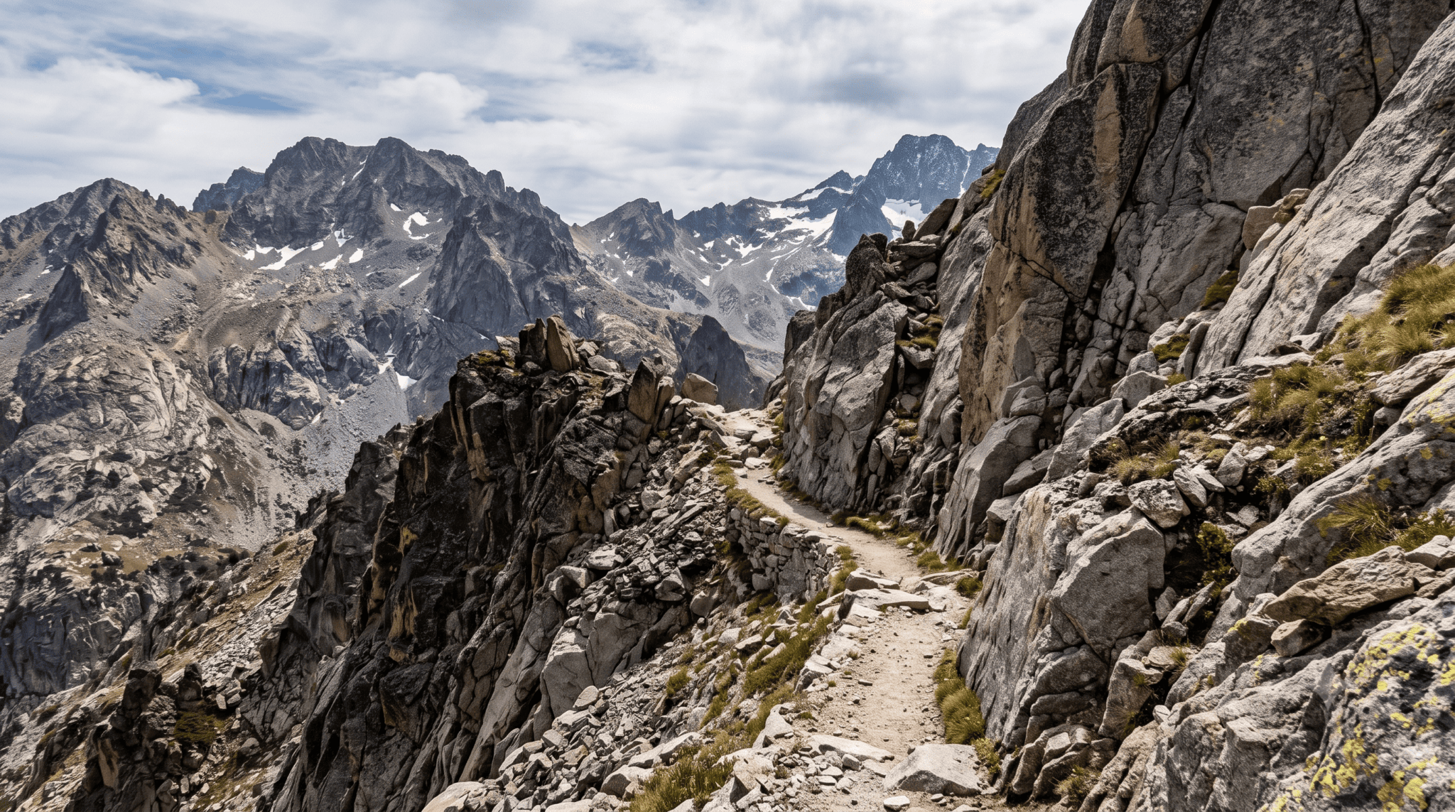 Rocky mountain trail with jagged peaks