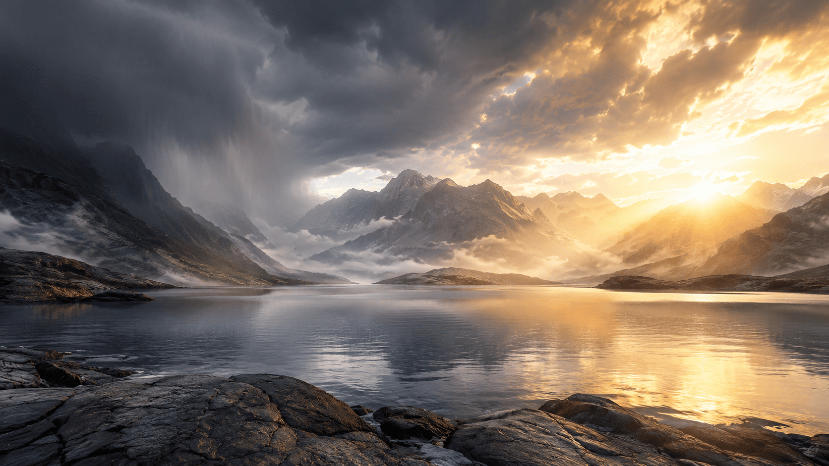 Dramatic mountain lake at sunset with stormy clouds and golden rays