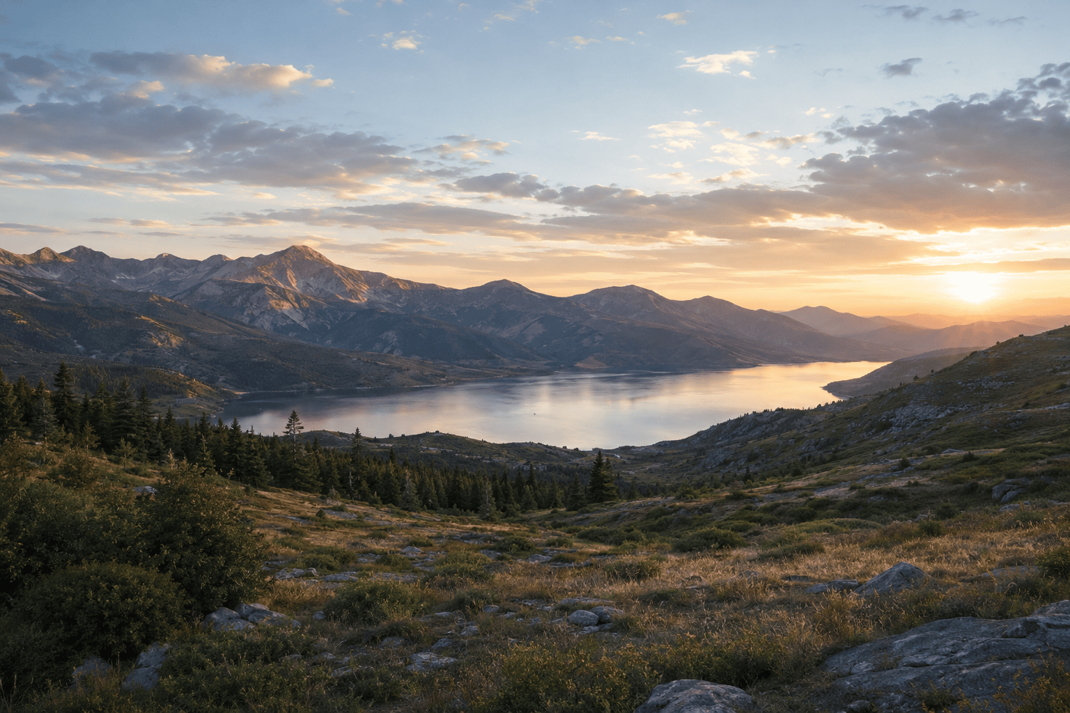 Mountain lake at sunset viewed from a grassy hillside