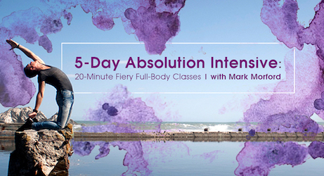 5-Day Absolution Intensive promotional banner: a backbend on rocks by the sea