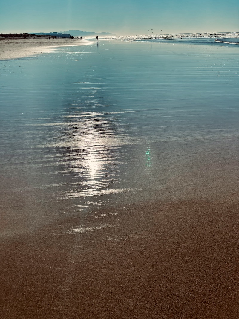 Wide sandy Ocean Beach at low tide with sun glinting on wet sand