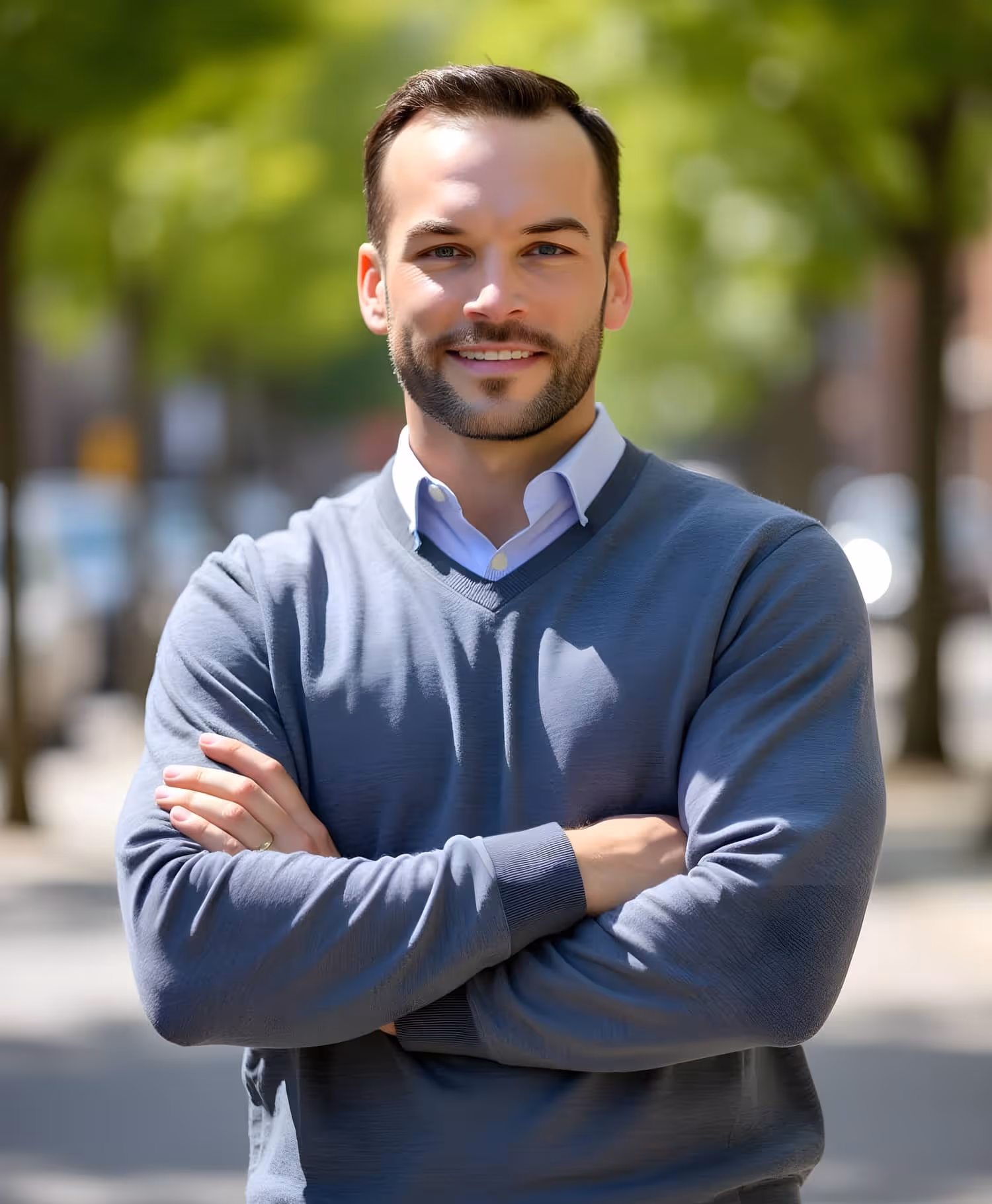 Matt Morscheck outdoors in a grey sweater