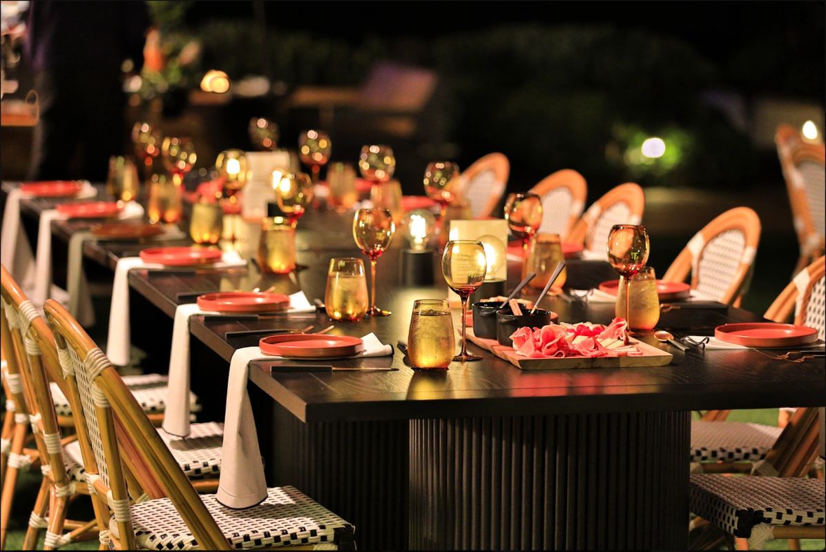 Evening tablescape with amber glassware, medium crop