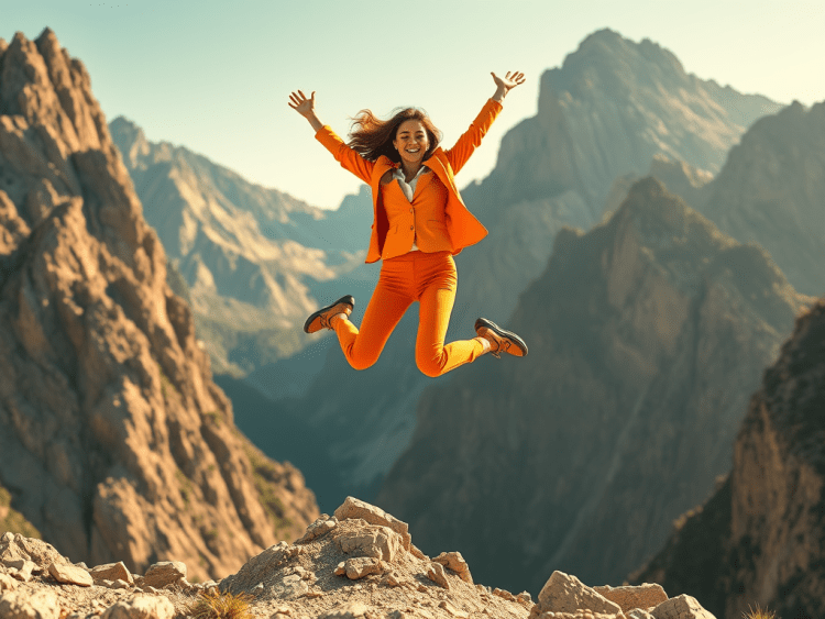 A woman in a bright orange suit jumping for joy in a mountainous landscape.