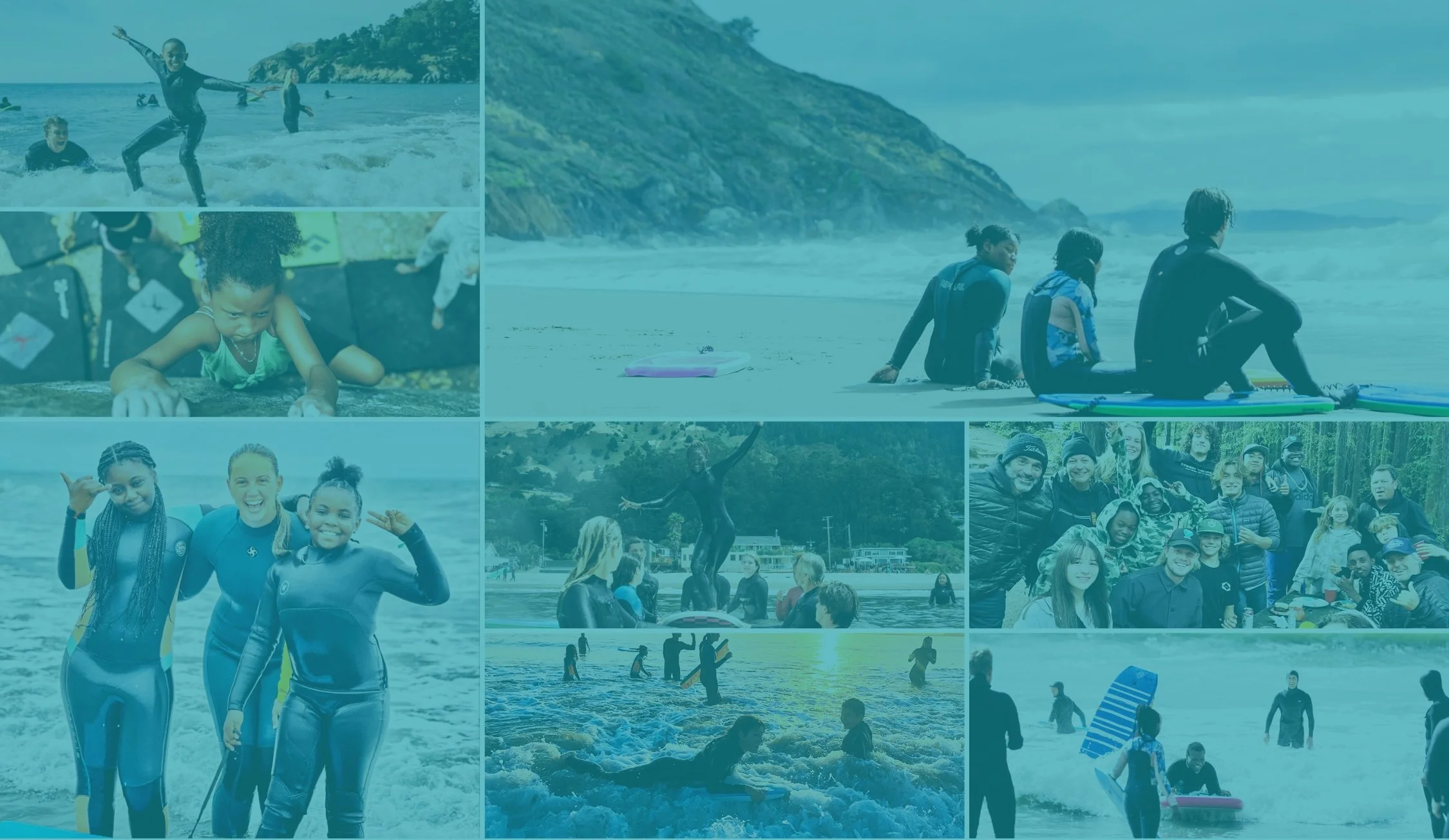 Collage of MeWater surf camp moments from ten years of Bay Area youth programs
