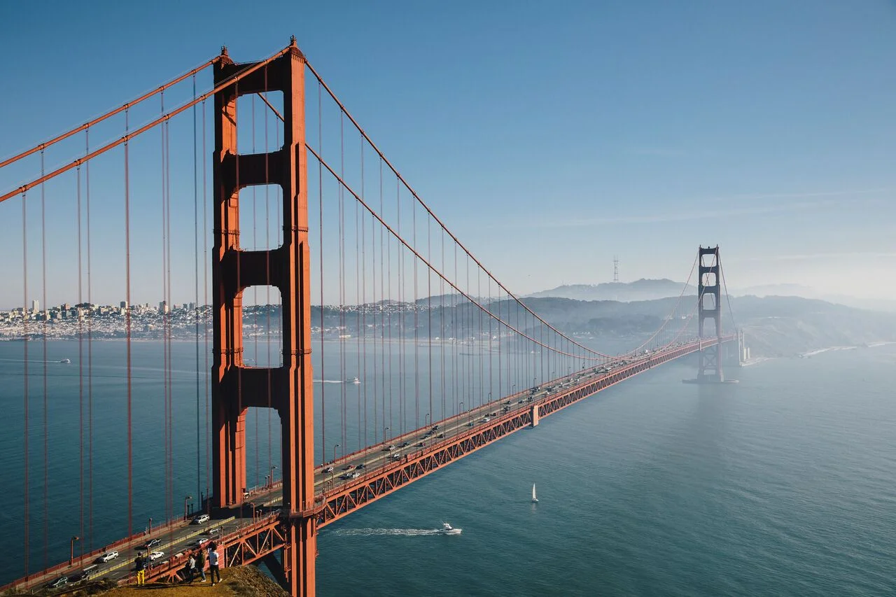 Aerial view of the Golden Gate Bridge over San Francisco Bay