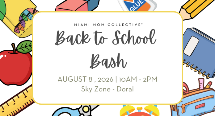 Back to School Bash promotional graphic — August 8, 2026, 10am–2pm, Sky Zone Doral