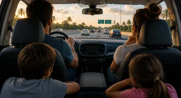 Family of four seen from behind inside a car driving on a Florida highway at sunset