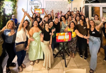 Group of women cheering at a community event inside No Limits Coffee Shop