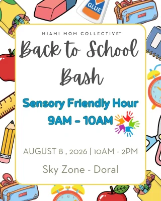 Instagram post: Back to School Bash Sensory Friendly Hour 9am–10am, August 8, 2026, Sky Zone Doral