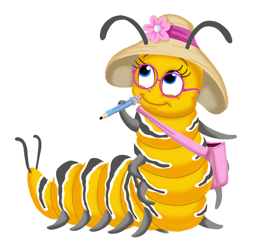 Yellow-and-black striped caterpillar teacher character wearing a hat and glasses, holding a pencil and notebook