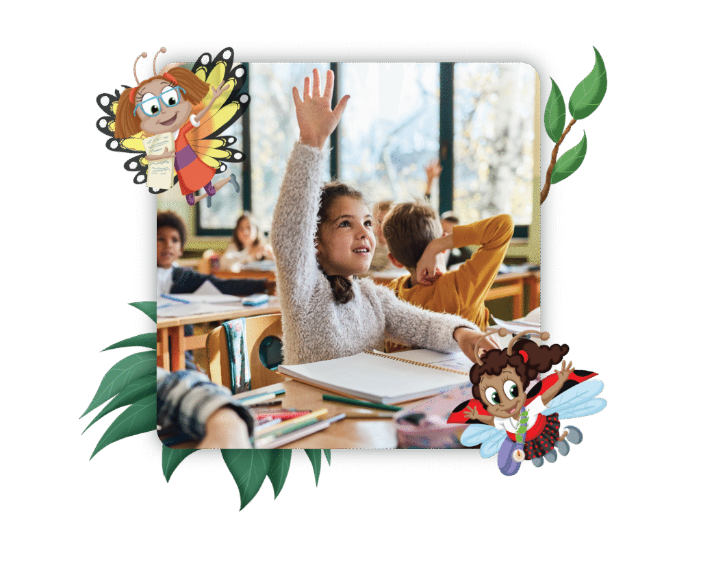 Elementary students raising their hands at their desks, with Tia and Lily characters and leaves illustrated around them