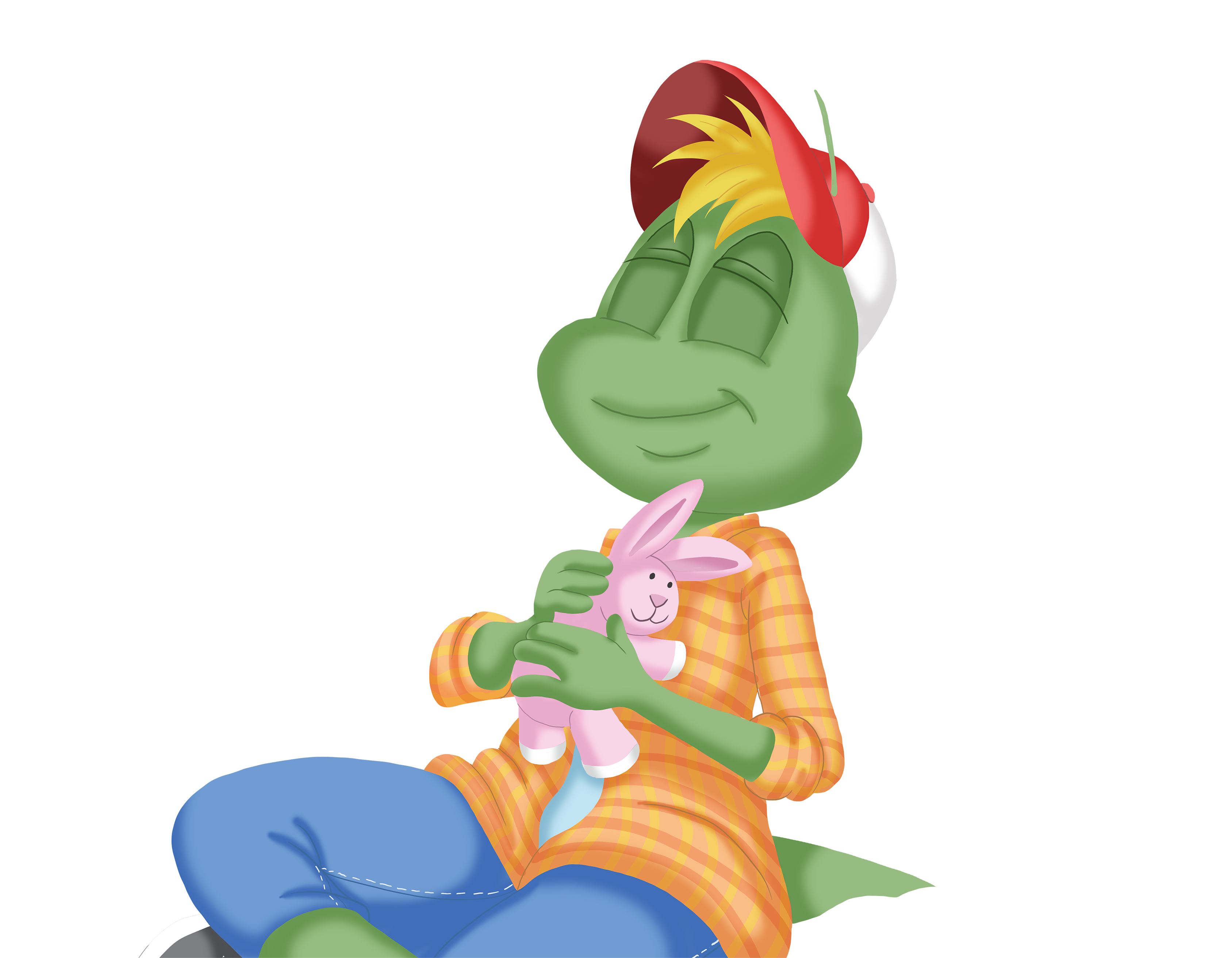 Lesson cover illustration: Dwight the grasshopper meditating while holding a pink bunny