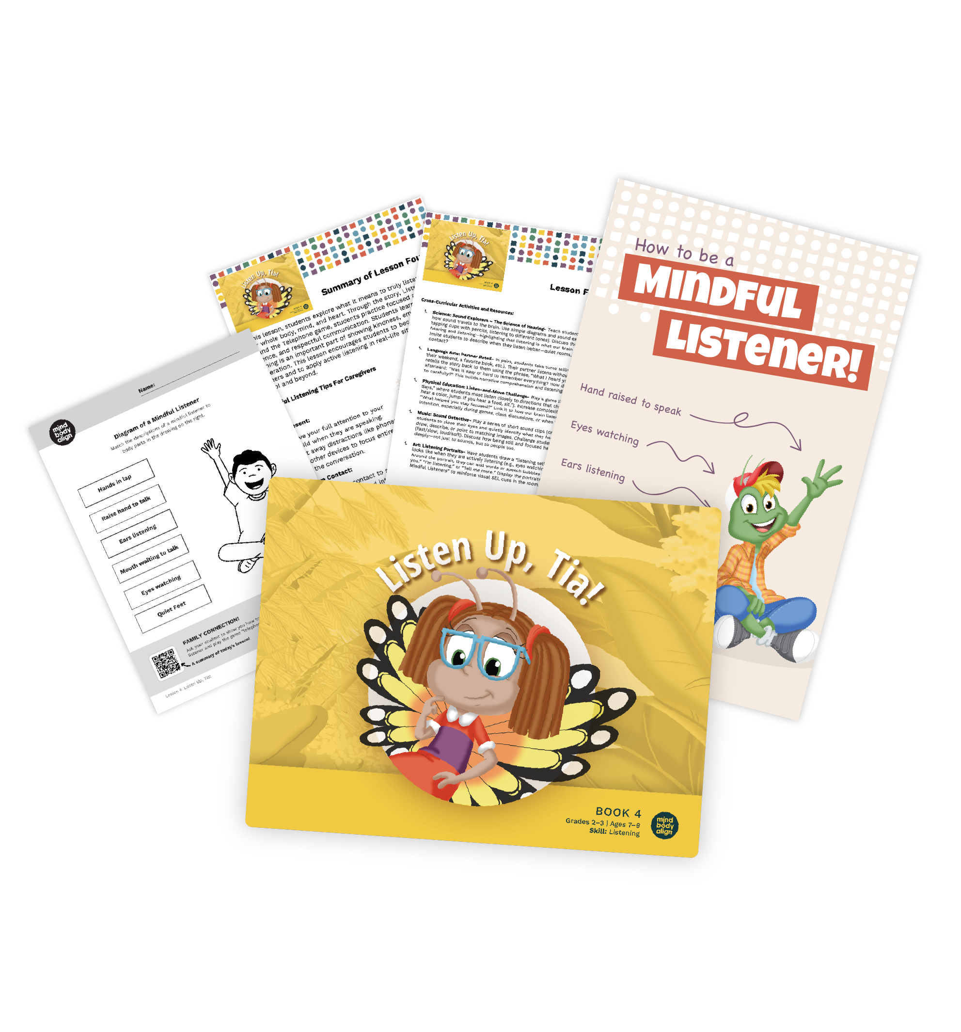 Listen Up, Tia! lesson preview collage showing the storybook, lesson plan pages and the How to be a Mindful Listener poster
