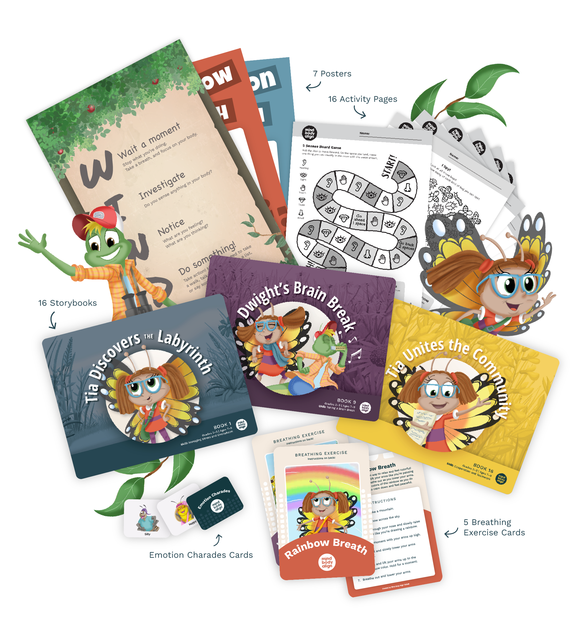 Labyrinth Adventures Grades 2-3 full series kit collage: storybooks, posters, activity pages, emotion charades cards and breathing exercise cards
