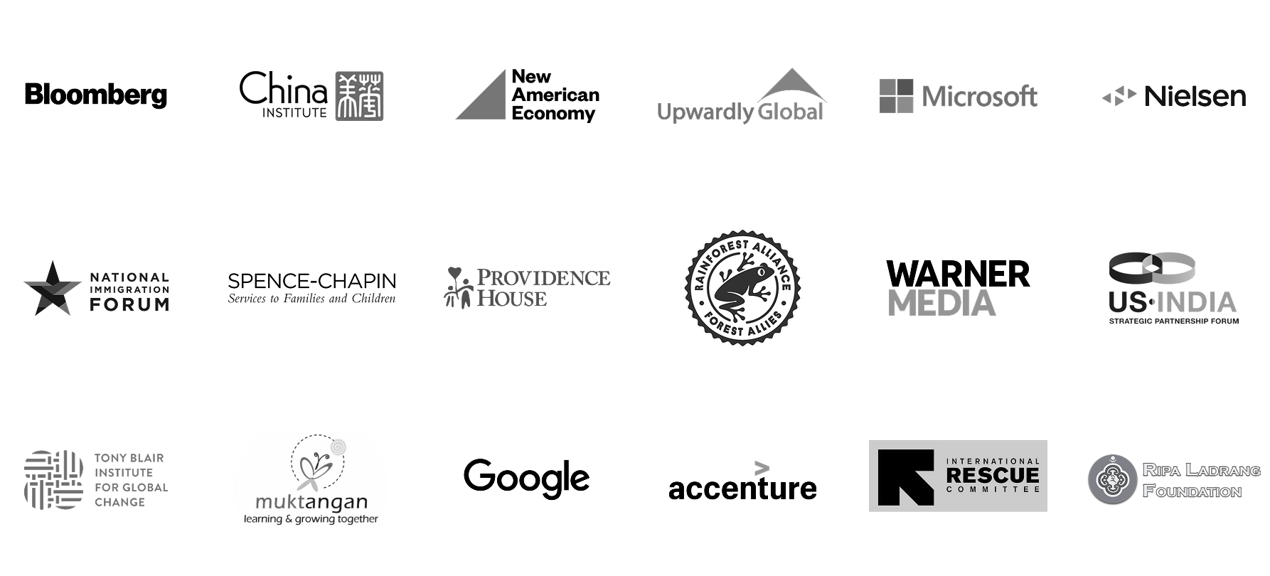 Partner logos: Bloomberg, China Institute, New American Economy, Upwardly Global, Microsoft, Nielsen, National Immigration Forum, Spence-Chapin, Providence House, Rainforest Alliance, Warner Media, US-India Strategic Partnership Forum, Tony Blair Institute for Global Change, Muktangan, Google, Accenture, International Rescue Committee, Ripa Ladrang Foundation