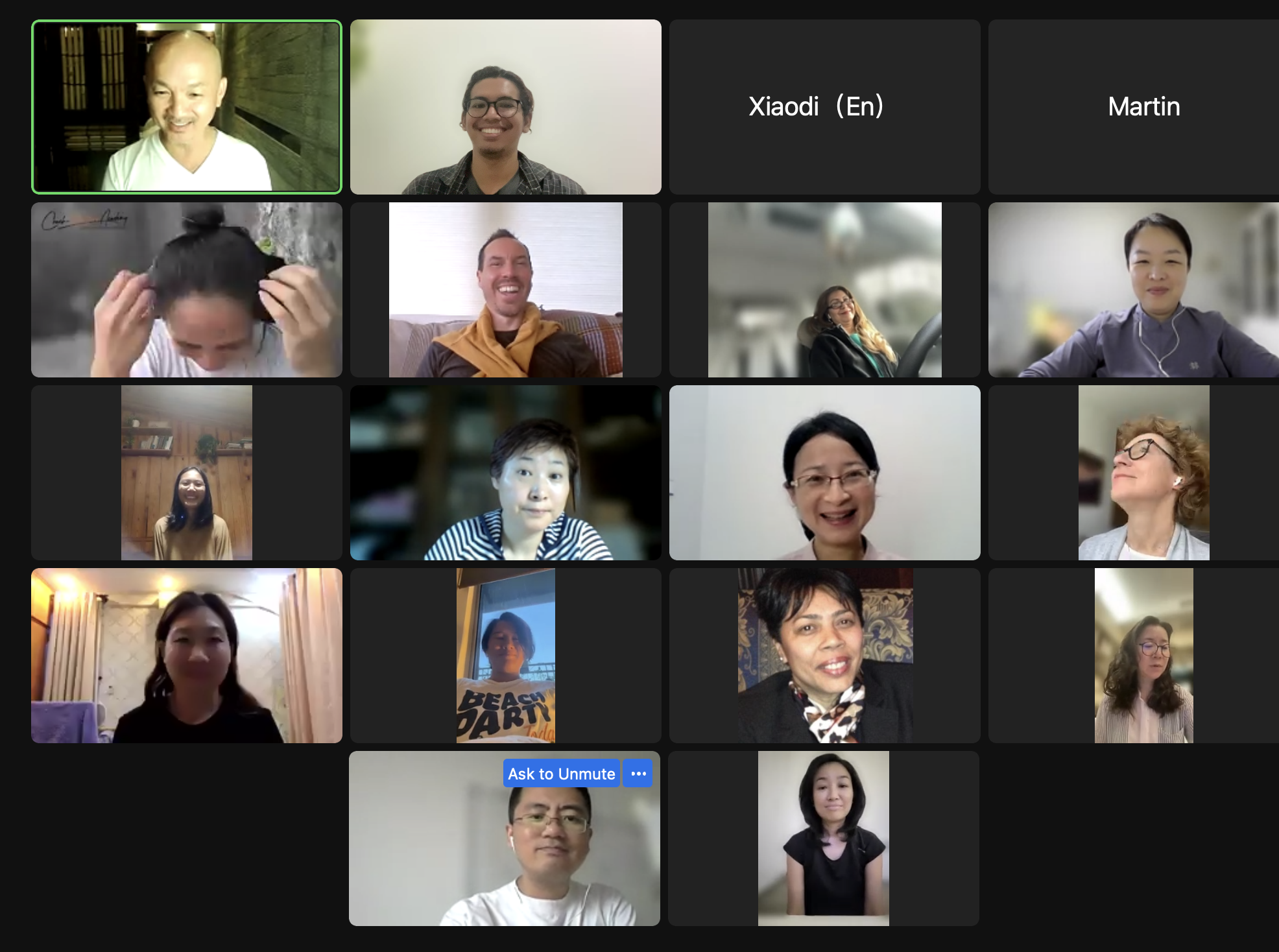 Zoom video call grid of about 15 diverse MindKindness participants
