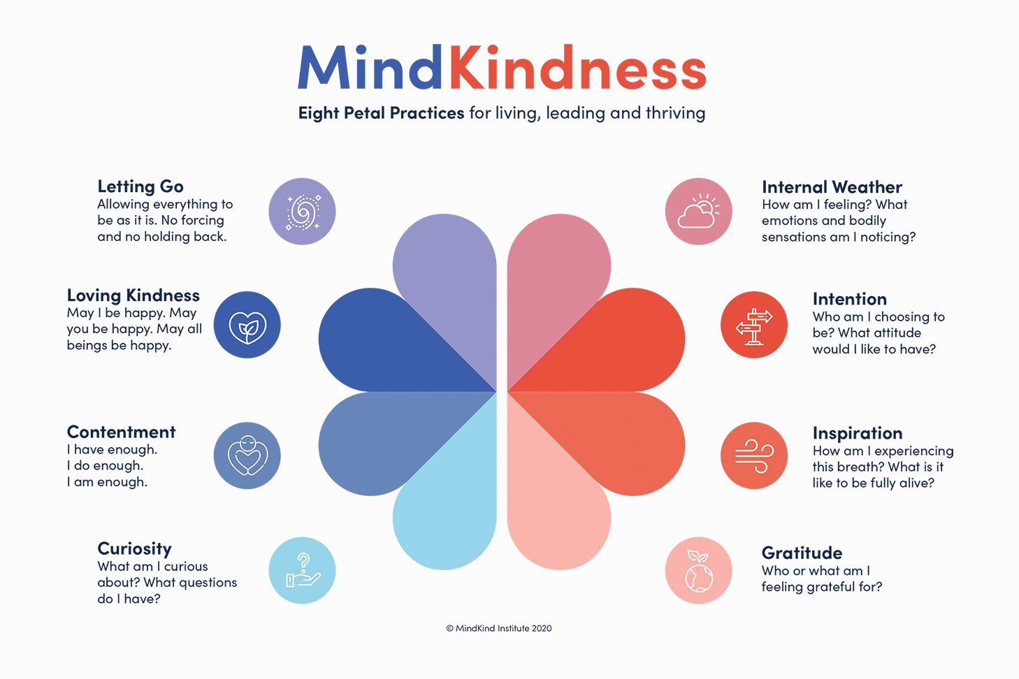 The MindKindness Eight Petal Practices infographic: a flower-shaped diagram with eight colored petals labeled Letting Go, Loving Kindness, Contentment, Curiosity, Internal Weather, Intention, Inspiration and Gratitude