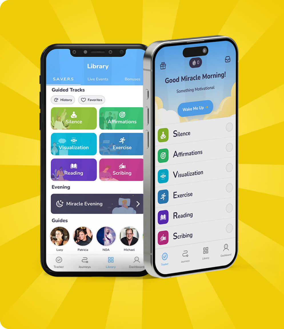 Two smartphones showing the Miracle Morning app on a yellow sunburst background