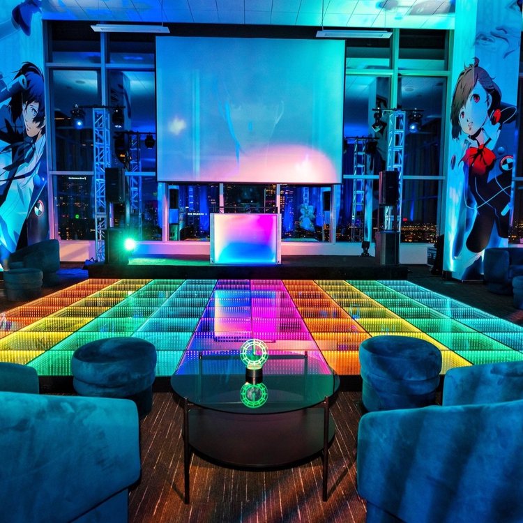 Anime-mural event venue with LED dance floor