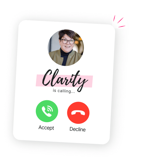 Phone screen reading &lsquo;Clarity is calling&rsquo; with Coach Mo&rsquo;s portrait and Accept or Decline buttons