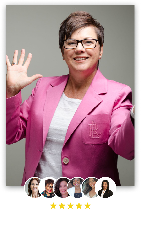 Coach Mo Faul in a pink blazer waving, above six circular client headshots and five gold stars, captioned 2000+ professional women&rsquo;s careers up-leveled