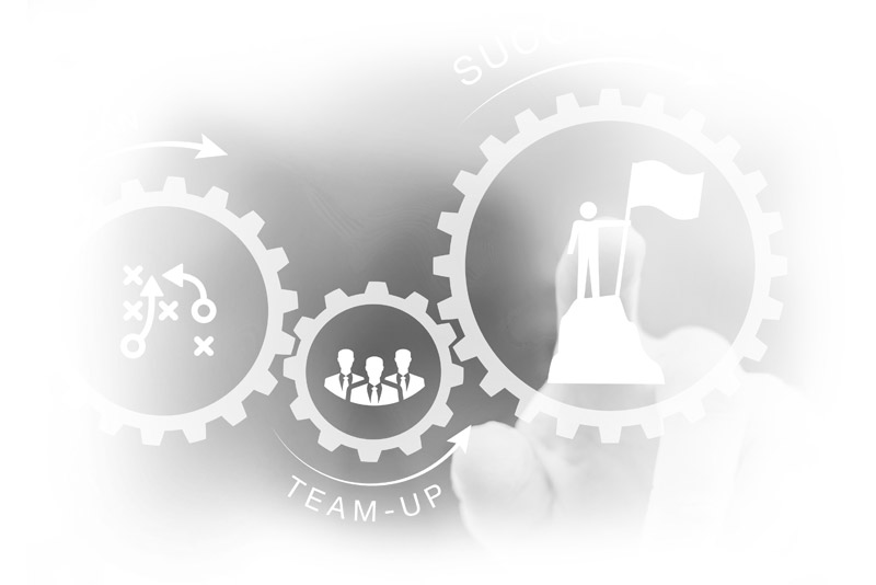 Interlocking gears with business and team icons representing business development