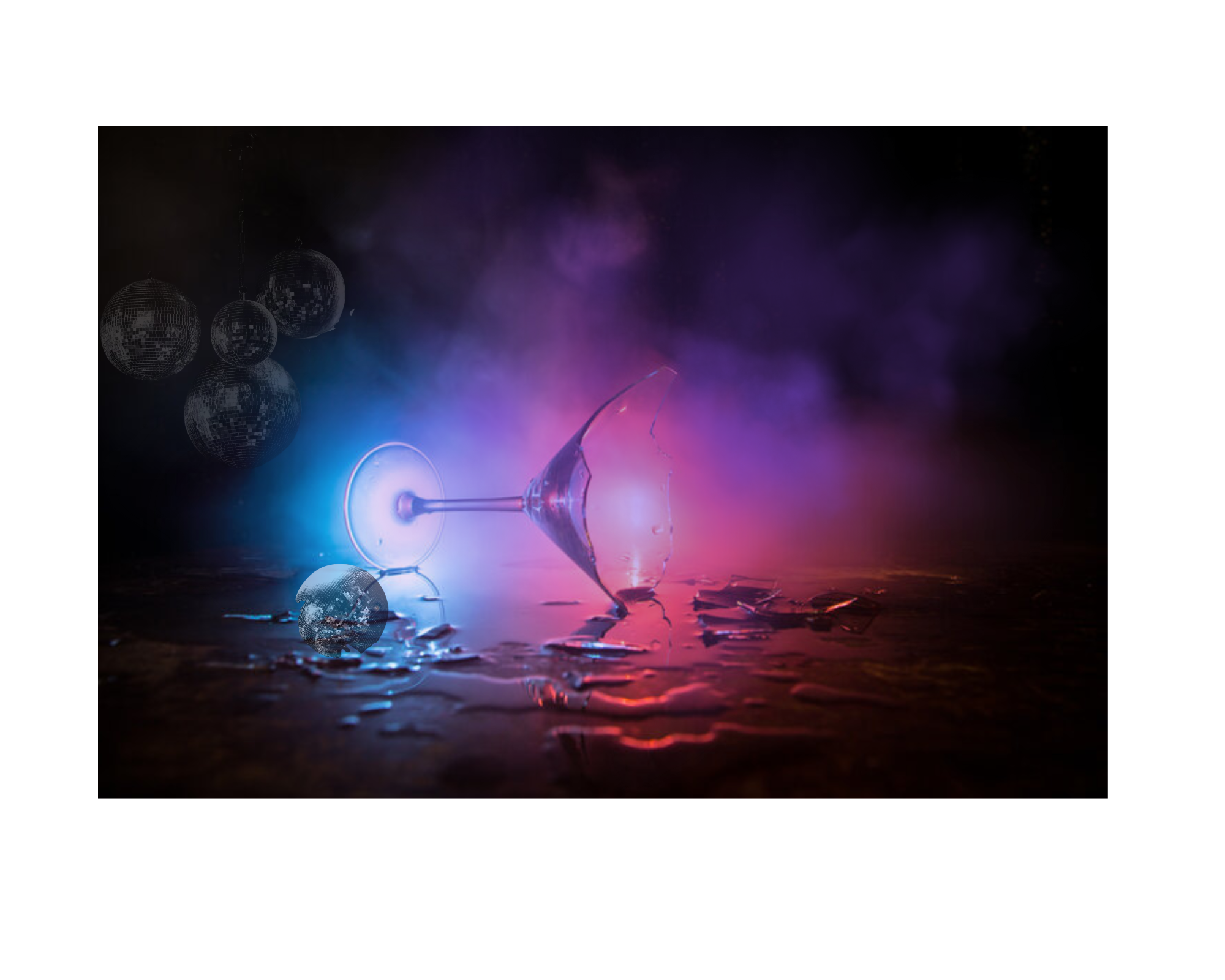 Smoky nightclub scene with disco balls, a broken martini glass, and blue, purple and red neon lighting