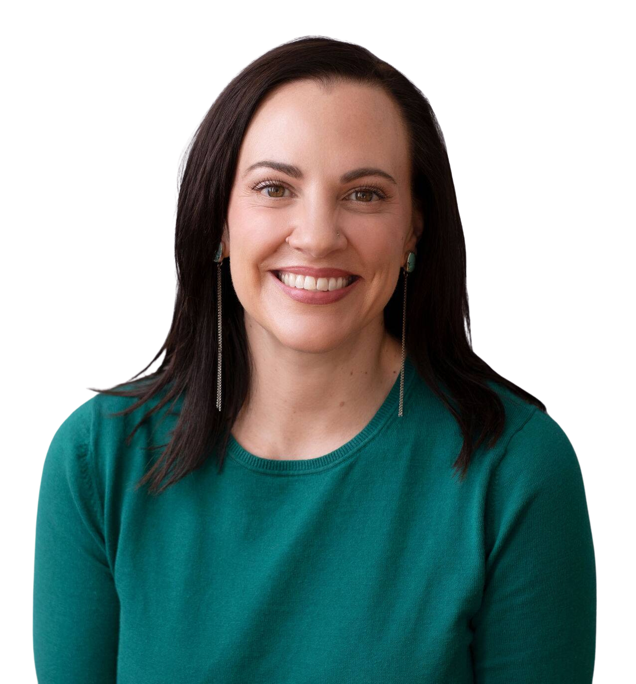Natalie Micale in a teal sweater, cut-out portrait