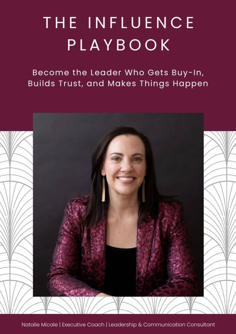 The Influence Playbook cover featuring Natalie Micale in a pink blazer with art deco linework