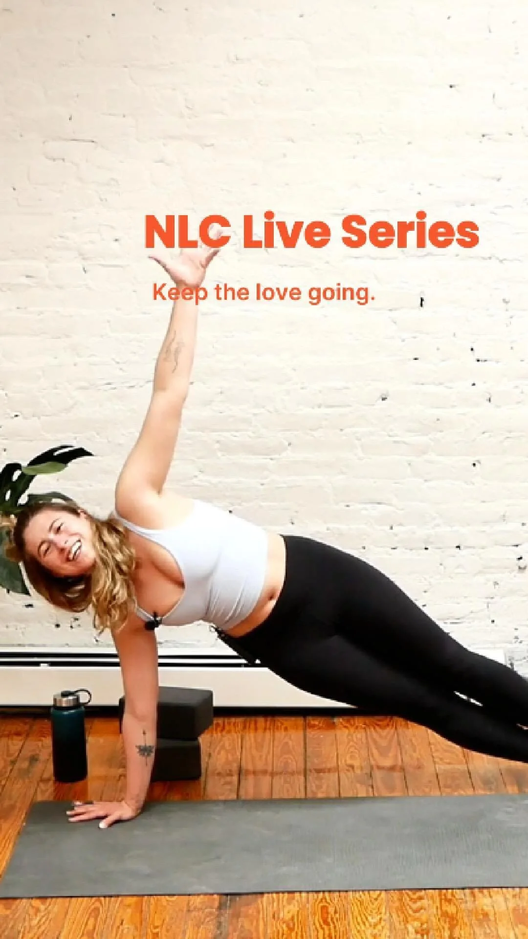 Instagram reel: NLC Live Series, blonde woman in side plank on a mat