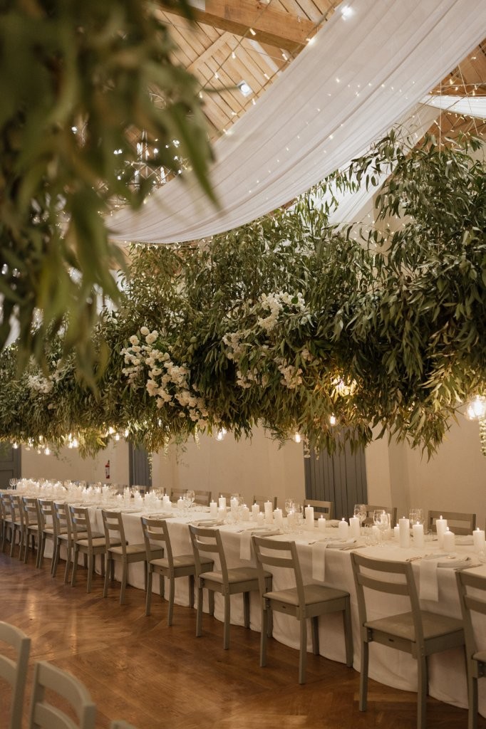 Boschendal reception with a hanging greenery canopy and fairy lights