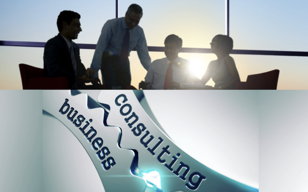 Business consulting composite: executives meeting at a boardroom table above interlocking metal gears reading “business consulting”