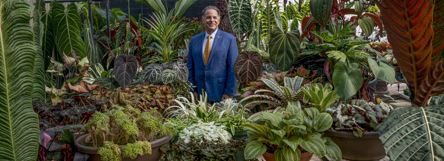 Dr. Block in a blue suit standing among a dense panoramic collection of potted anthuriums, aroids and bromeliads
