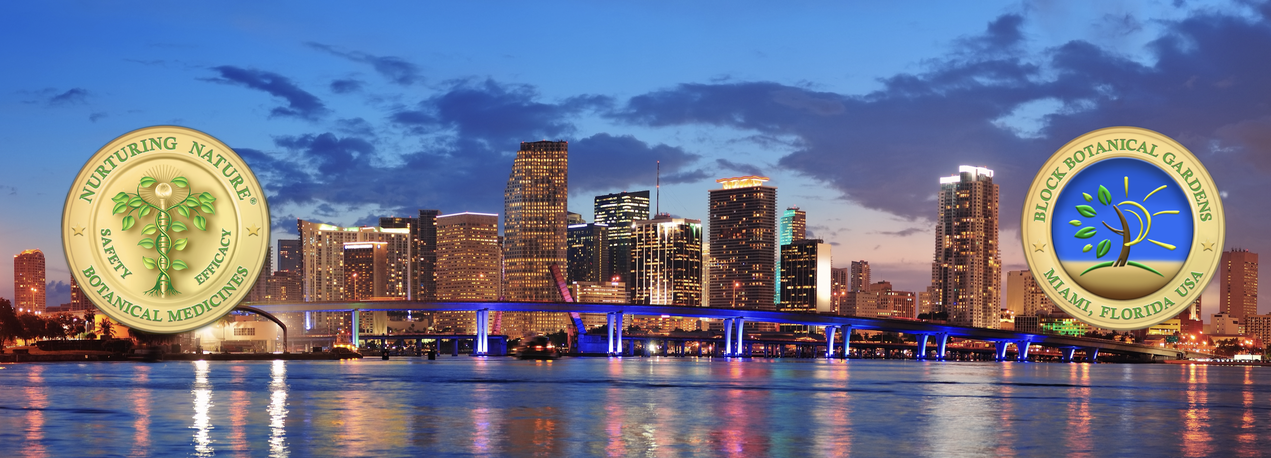 Night skyline of downtown Miami flanked by the gold Nurturing Nature® seal and the gold Block Botanical Gardens · Miami, Florida USA seal