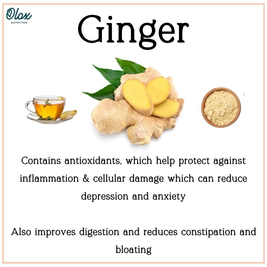 Olox infographic: Ginger benefits for depression, anxiety and digestion
