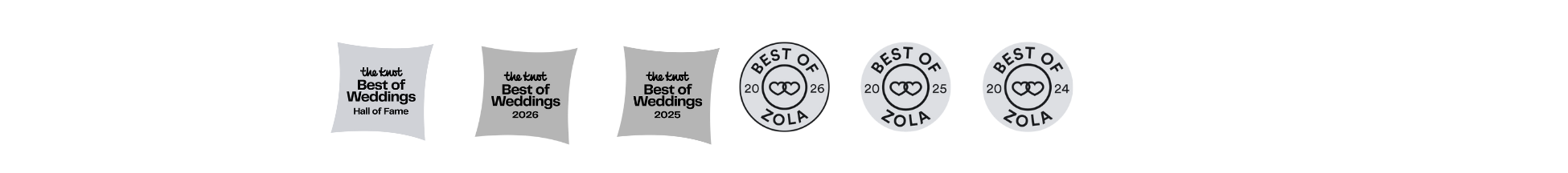 Award badges: The Knot Best of Weddings Hall of Fame, 2026 and 2025, and Best of Zola 2026, 2025, 2024